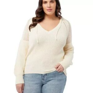 Vigoss Hooded Sweater Long Sleeve V-Neck Cream Color Pullover Size 3X